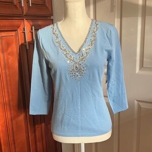 Y2K Dressbarn Light Blue Embellished 3/4 sleeves Blouse Size:8(medium)